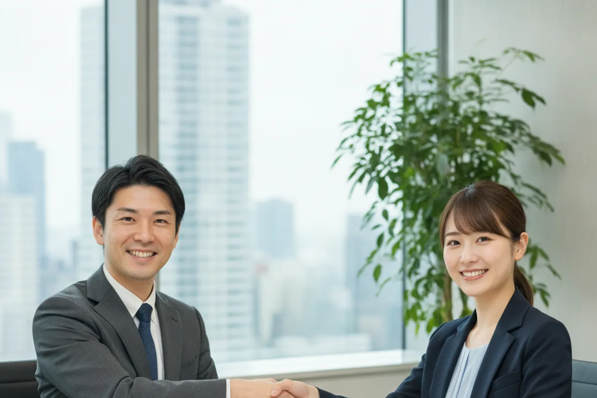 紹介予定派遣で内定が決まり握手を交わす候補者と担当者